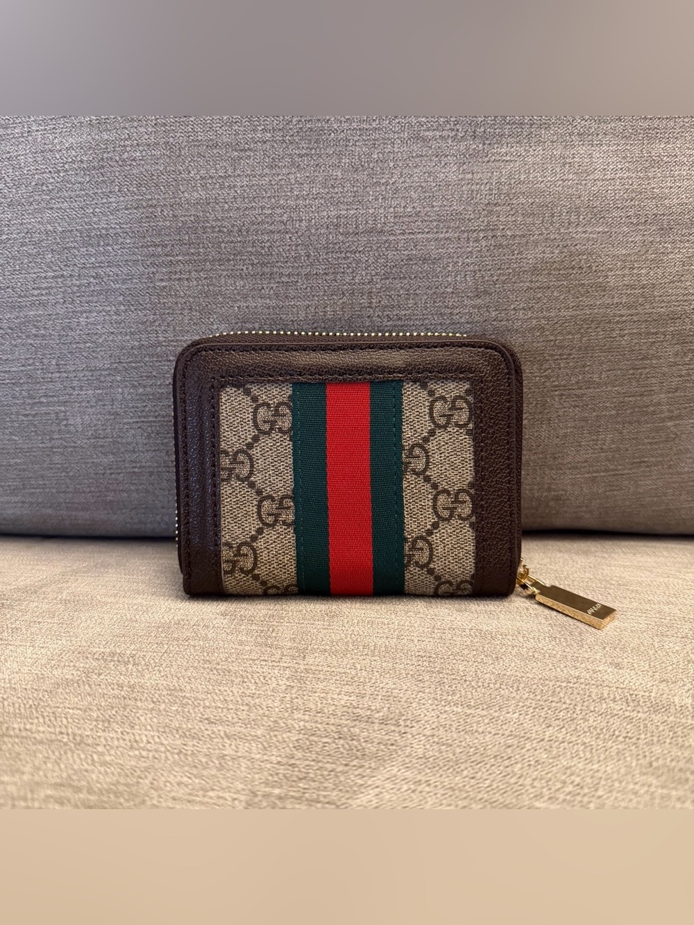 Gucci Brown GG Monogram Leather Zip Wallet with Web Stripe - Picture 3 of 5